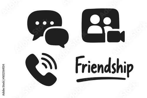 Friendship icon set. Solid filled icons for communication concepts. Chat bubbles for messages, video call for online meetings, and a phone receiver for calls.