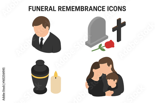 Funeral remembrance isometric icon set. Grieving family, mourning man, cremation urn, candle, gravestone, cemetery cross. Memorial service, sorrow, loss, death concepts.