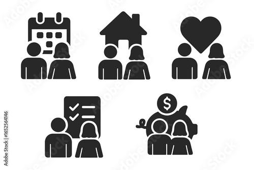 Couple life goals vector icon set. Family financial planning, saving money for house, relationship milestones. Man and woman planning future together. Love, home, budget icons.