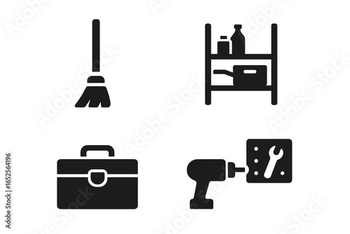 Garage tool icon set. Solid glyph vector pictograms for workshop, home improvement, and DIY projects. Includes broom, storage shelf, toolbox, and power drill icons.