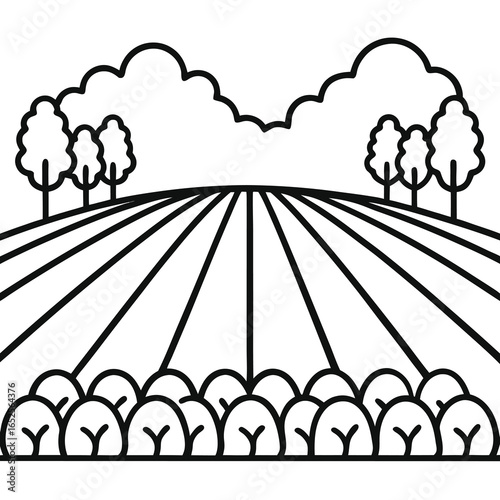 Agricultural Landscape With Furrows And Trees Under Clouds