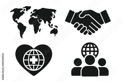 Global healthcare icon set. World map, handshake, heart globe for international medical collaboration. Teamwork and community support symbols. Vector glyphs for aid projects.