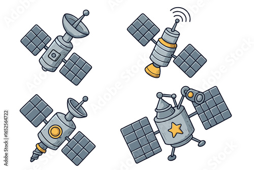 Set of space satellites cartoon doodle style. Collection of sputniks with solar panels and antenna. Spacecraft for exploration and communication. Cosmos technology vector.