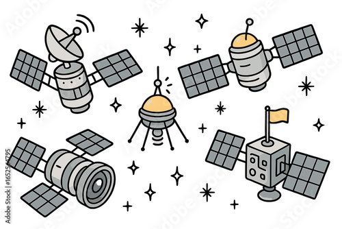 Set of creative doodle satellites. Cartoon space technology and exploration icons. Vector illustration of probes, solar panels, and antennas for astronomy and science concepts.