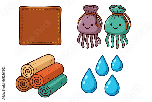 Game asset icon set vector. Cartoon collection with leather patch, fabric rolls, water drops, and cute jellyfish monster bags. Isolated graphic elements for GUI design.