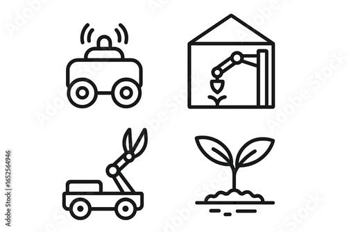 Smart farming and agricultural technology icon set. Agriculture automation, robotic arm, farm drone. Future of farming, automated harvesting vector line icons.