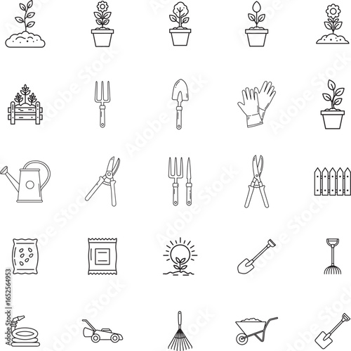 Collection of hand drawn garden tools and plants icons
