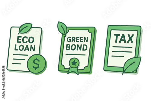 Green financing isometric icon set. Eco loan document, green bond certificate, tax incentive vector. Sustainable investment, environmental finance & ESG concept icons.
