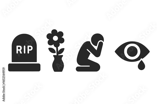 Grief and loss icon set. Death and funeral solid glyphs. Sadness, mourning, and bereavement concepts. Memorial gravestone, crying eye, tear, grieving person pictogram.