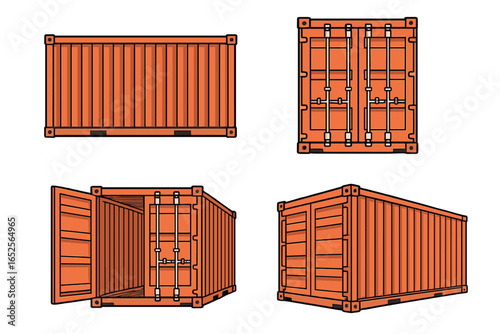 Shipping container set with different views. Isometric, front, side perspective. Cargo freight box for logistics, transportation, storage. Vector icon illustration isolated.