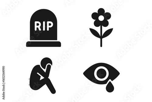 Grief and loss vector icon set. Solid glyph symbols for death, mourning, sadness, sorrow, depression. RIP gravestone, cemetery, memorial flower, grieving person, crying tear.