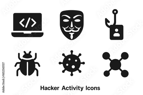 Hacker activity solid glyph icon set. Cybersecurity and cybercrime concept. Vector icons for phishing, computer virus, malware, data bug, anonymous mask, network attack, code.