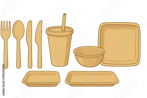 Eco-friendly disposable dinnerware set. Biodegradable & compostable tableware collection with fork, spoon, knife, cup, bowl, plate. Sustainable kraft paper for takeout. Vector.