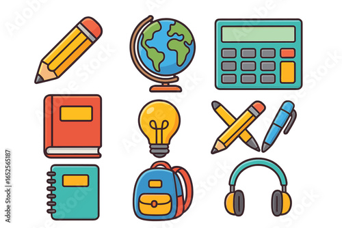 Set of education icons in flat cartoon style. School supplies collection with book, pencil, globe, calculator, backpack. Back to school concept vector illustration.