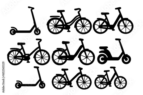 Set of bicycle and scooter silhouettes. Urban eco-friendly transport collection. Vector icons of bikes, e-bikes, and kick scooters for city mobility and active lifestyle.