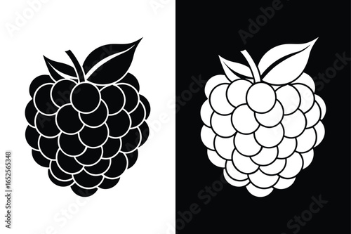 Minimal Blackberry Silhouette Illustration with Leaves. Black White Icon