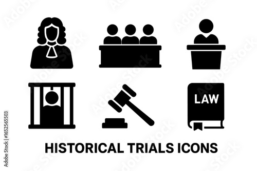 Historical Trials Icons Set, Solid Filled Vector Illustrations of Judge, Jury, Witness Stand, Defendant, Gavel, and Law Book for Legal and Courtroom Themes