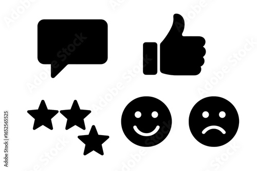 Feedback and review solid icon set. Customer satisfaction rating symbols. Thumbs up, comment bubble, stars, happy and sad face emoji for survey, poll or quiz.