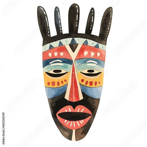 Colorful African Tribal Mask with Unique Painted Details and Horns