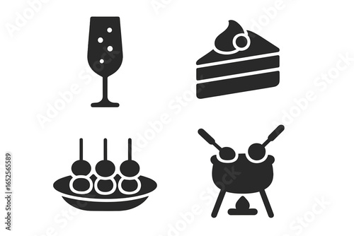 Festive food and drink icon set. Solid glyph pictograms for celebration, party, or holiday. Vector collection includes champagne glass, cake slice, appetizer, and fondue pot.