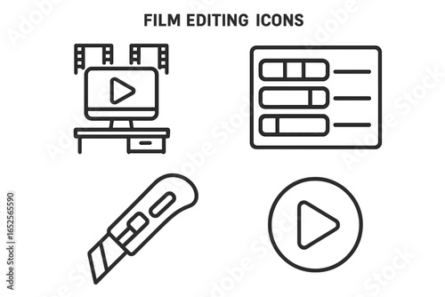Film editing icons set. Outline vector symbols for video production, post production, and filmmaking. Includes editing workstation, timeline interface, cutting blade, play button.
