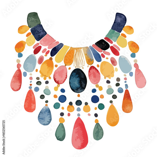 Colorful beaded necklace with teardrop pendants and textured watercolor effect