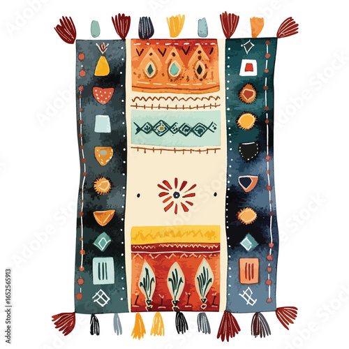 Colorful decorative textile with geometric patterns and tassels featuring a bohemian style