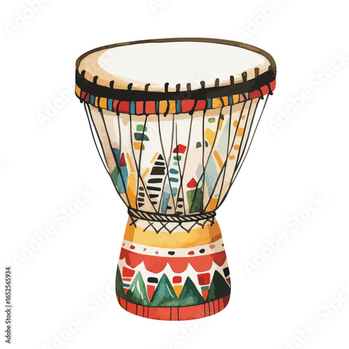 Colorful Djembe Drum with Geometric Patterns and Textured Surface Illustration