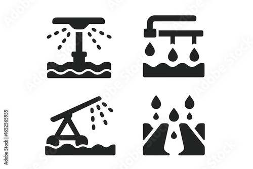 Irrigation Methods Icons Set, Solid Filled Vector Illustration of Sprinkler, Drip Line, Center Pivot, Furrow Irrigation Symbols for Farming, Agriculture, Watering