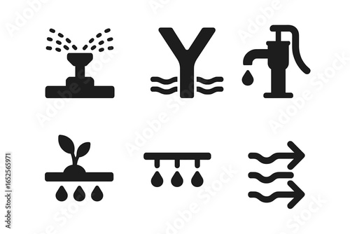 Solid black vector icons of irrigation systems including sprinkler head, canal fork, water pump, drip irrigation line, water flow symbols and plant watering illustration for agriculture