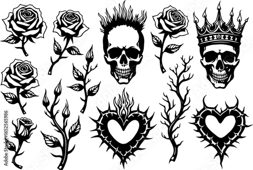 "Skull, Roses, and Crown Tattoo Art" Vector Bundle