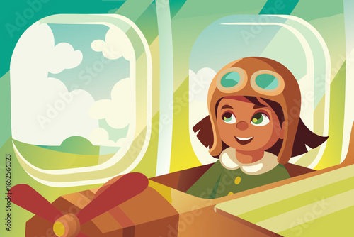 Girl in pilot uniform sitting in cardboard “cockpit” airplane, looking out window with dreamy eyes