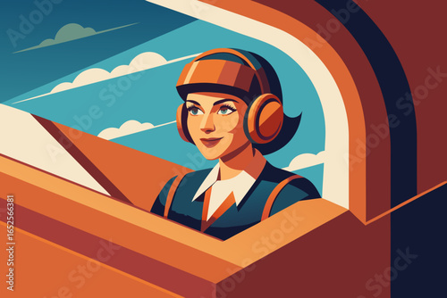Girl in pilot uniform sitting in cardboard “cockpit” airplane, looking out window with dreamy eyes