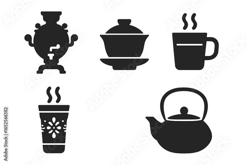 Global tea culture icon set. Black solid vector silhouettes of traditional teaware from around the world. Russian samovar, Chinese gaiwan, Japanese tetsubin teapot.