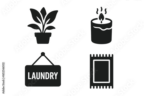 Laundry Room Icons Set, Solid Filled Vector Illustrations of Home Comforts Including Houseplant, Scented Candle, Laundry Sign, and Small Rug for Decor and Lifestyle Design