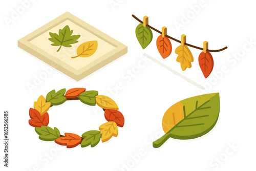 Isometric Leaf Craft Icons Set, Flat Vector Illustrations of Autumn Leaf Decorations, Pressed Leaf Art, Leaf Garland, and Wreath on Transparent Background