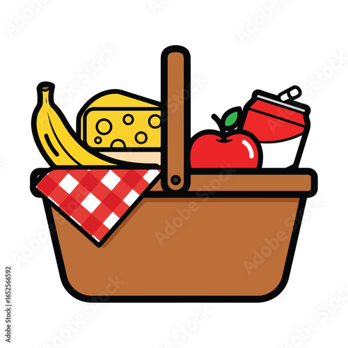 Picnic basket filled with food items colorful illustration
