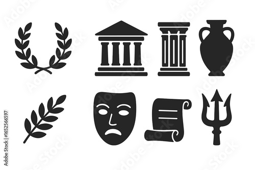 Ancient Greece solid icon set. Greek mythology symbols. Laurel wreath, temple, column, amphora, tragedy mask, scroll, trident. History and philosophy vector pictogram collection.