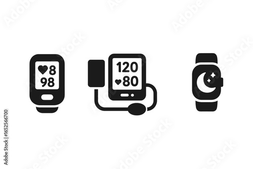 Health monitoring icon set. Wearable technology for tracking heart rate, blood pressure, and sleep. Digital oximeter and sphygmomanometer. Medical cardiology diagnostic vector glyphs.