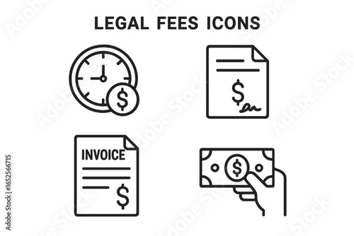 Legal Fees Icons, Outline Vector Set of Legal Billing, Hourly Rate Clock, Retainer Agreement, Invoice, Payment, and Financial Transaction Illustration