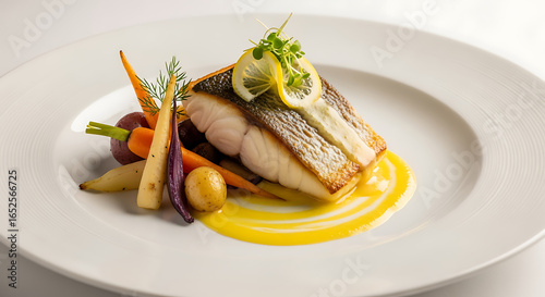Gourmet Seared Fish Fillet with Roasted Root Vegetables and Lemon