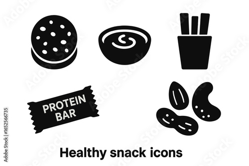 Healthy snack solid icon set. Vector pictogram collection with rice cakes, hummus dip, carrot sticks, protein bar, nuts. Symbols for diet, nutrition, and wellness.