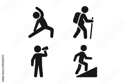 Hiking fitness solid icon set for outdoor activity. Vector pictogram of man stretching, trekker with backpack, person drinking water, and walking up steps or hill.