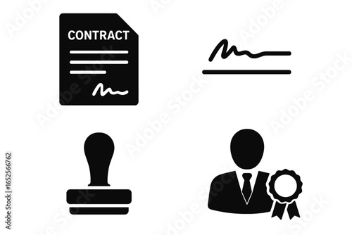 Legal Icons Grid, Solid and Filled Vector Set of Legal Business Documents, Contract with Signature Line, Official Stamp, Notary Seal, Certified Professional Badge, Transparent Background