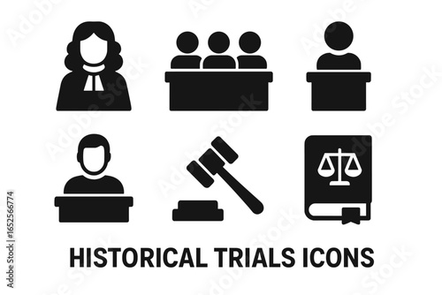 Law and justice solid icon set. Historical trial, courtroom proceedings. Judge, jury, witness, defendant, gavel, law book pictograms. Legal system, crime, verdict vector.