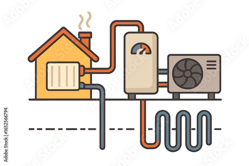 Geothermal heating system diagram. Ground source heat pump for efficient home energy. Renewable technology illustration with boiler, radiator, and outdoor conditioner unit.