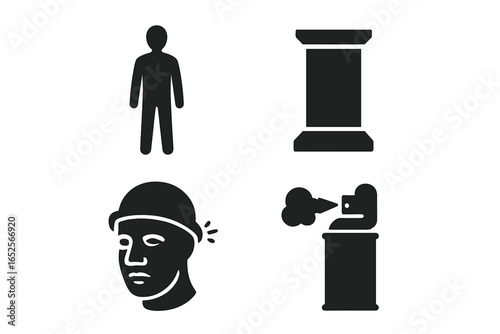 Living Statue Performer Icons, Solid Filled Vector Set of Still Figures, Pedestal Designs, Metallic Mask Faces, Spray Paint Can Elements, Transparent Background