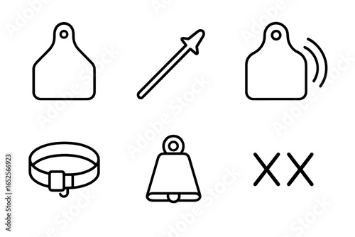 Livestock Identification Icons Outline Set of Farm Animal Tags Branding Iron RFID Ear Tag Collar Cowbell Tattoo Vector Illustration Transparent Background