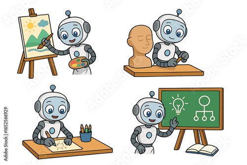 Cute robot character set. Artificial intelligence in art and education. Cartoon android painting on canvas, sculpting, drawing, and teaching. Future technology and creativity concept.