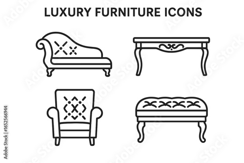 Luxury Furniture Icons Set, Outline Vector of Velvet Chaise Lounge, Gold-Accented Coffee Table, Tufted Armchair and Upholstered Bench, Elegant Home Decor Accents